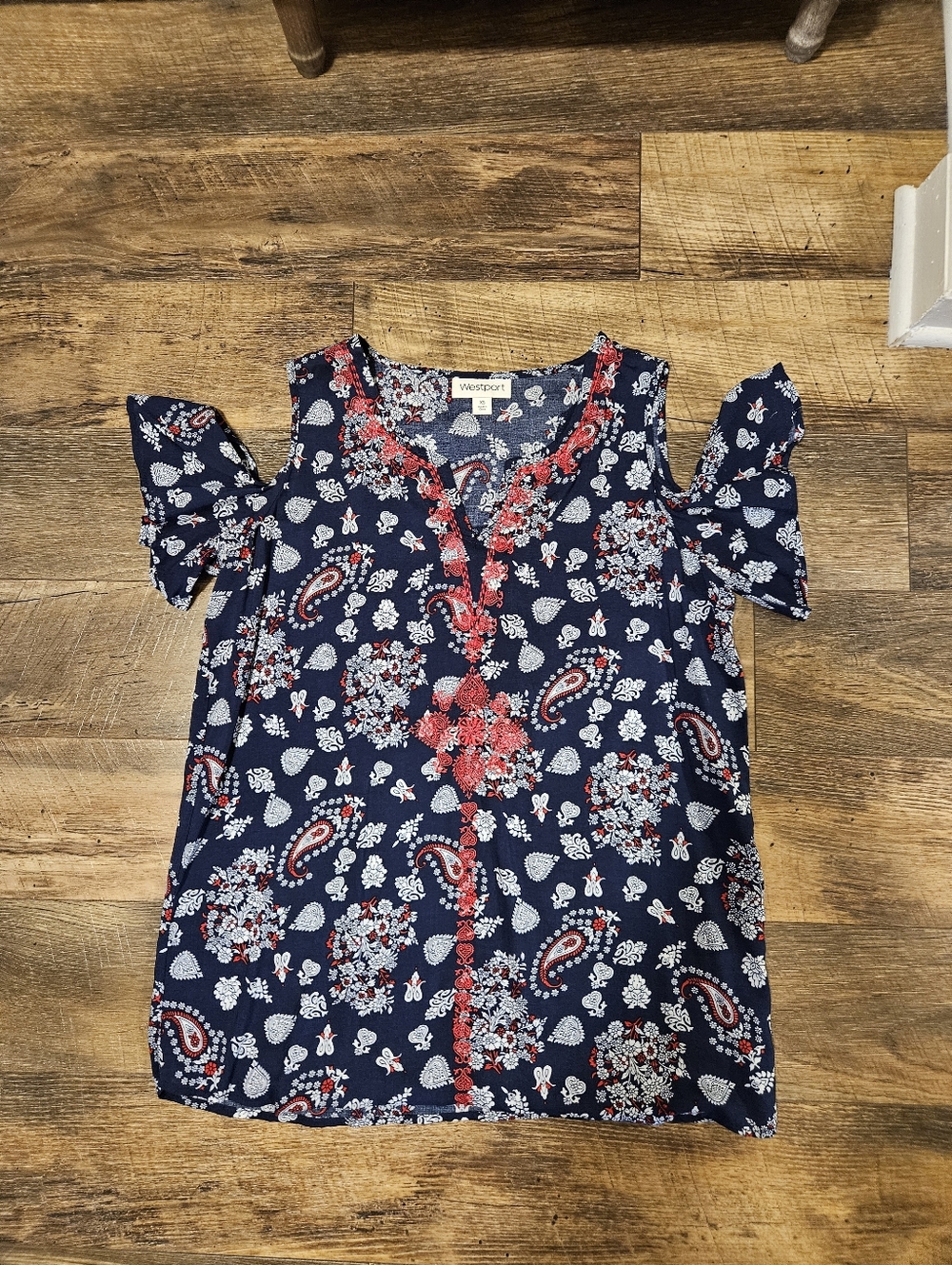 Cold-Shoulder Navy Floral Paisley Top with Red Trim